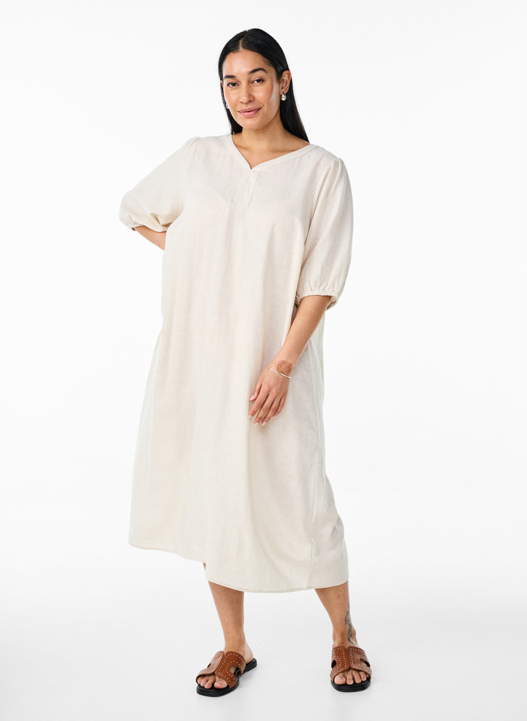 Midi dress in linen and viscose with short sleeves, Beige, Model