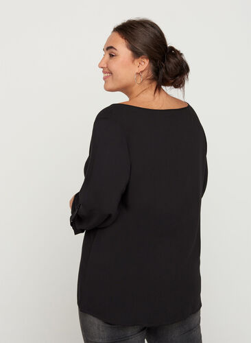Long-sleeved viscose blouse with a round neck, Black, Model image number 1