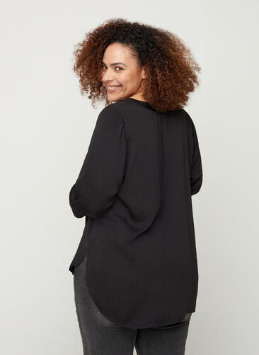 Blouse with 3/4 sleeves and V-neck, Black, Model image number 1