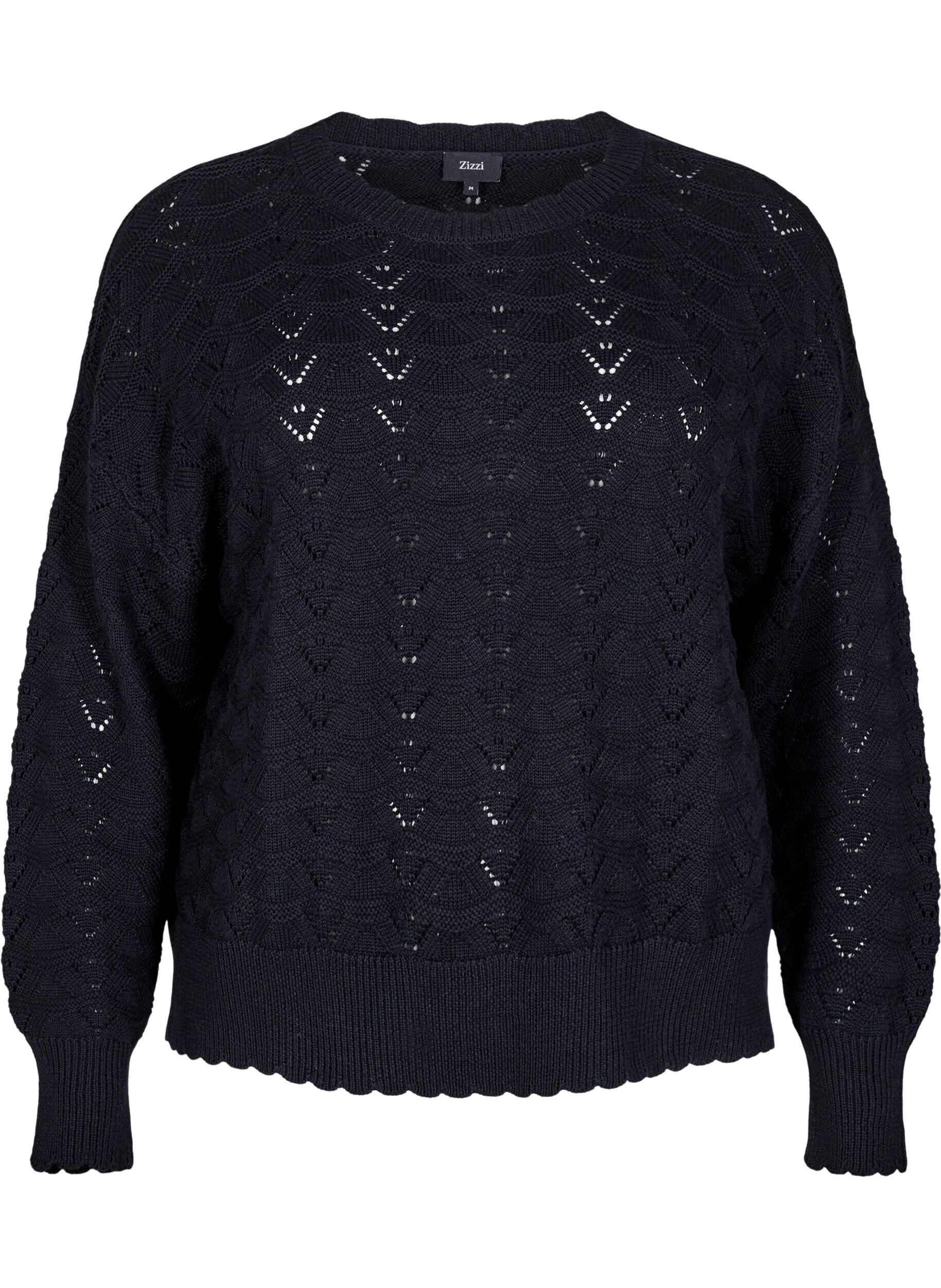 Zizzifashion Long-sleeved knit blouse with an openwork pattern, Black, Packshot image number 0