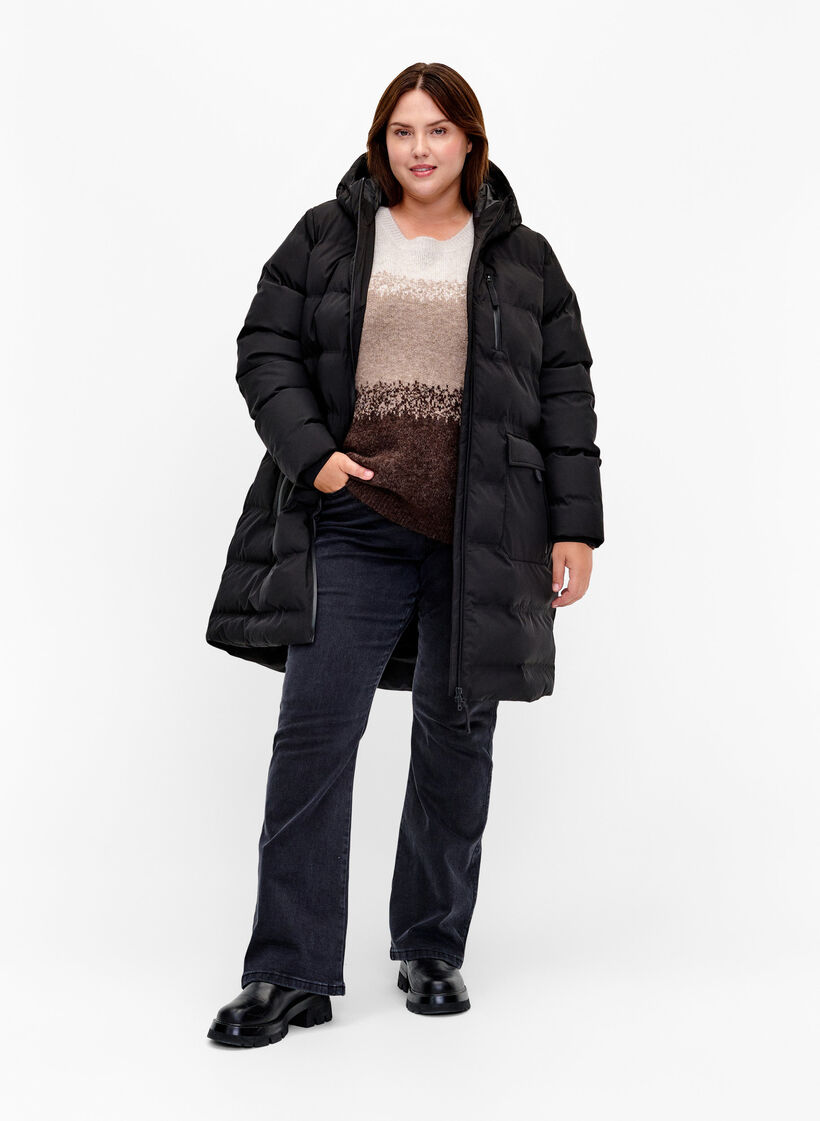 Puffer coat with hood and pockets, Black, Model image number 1