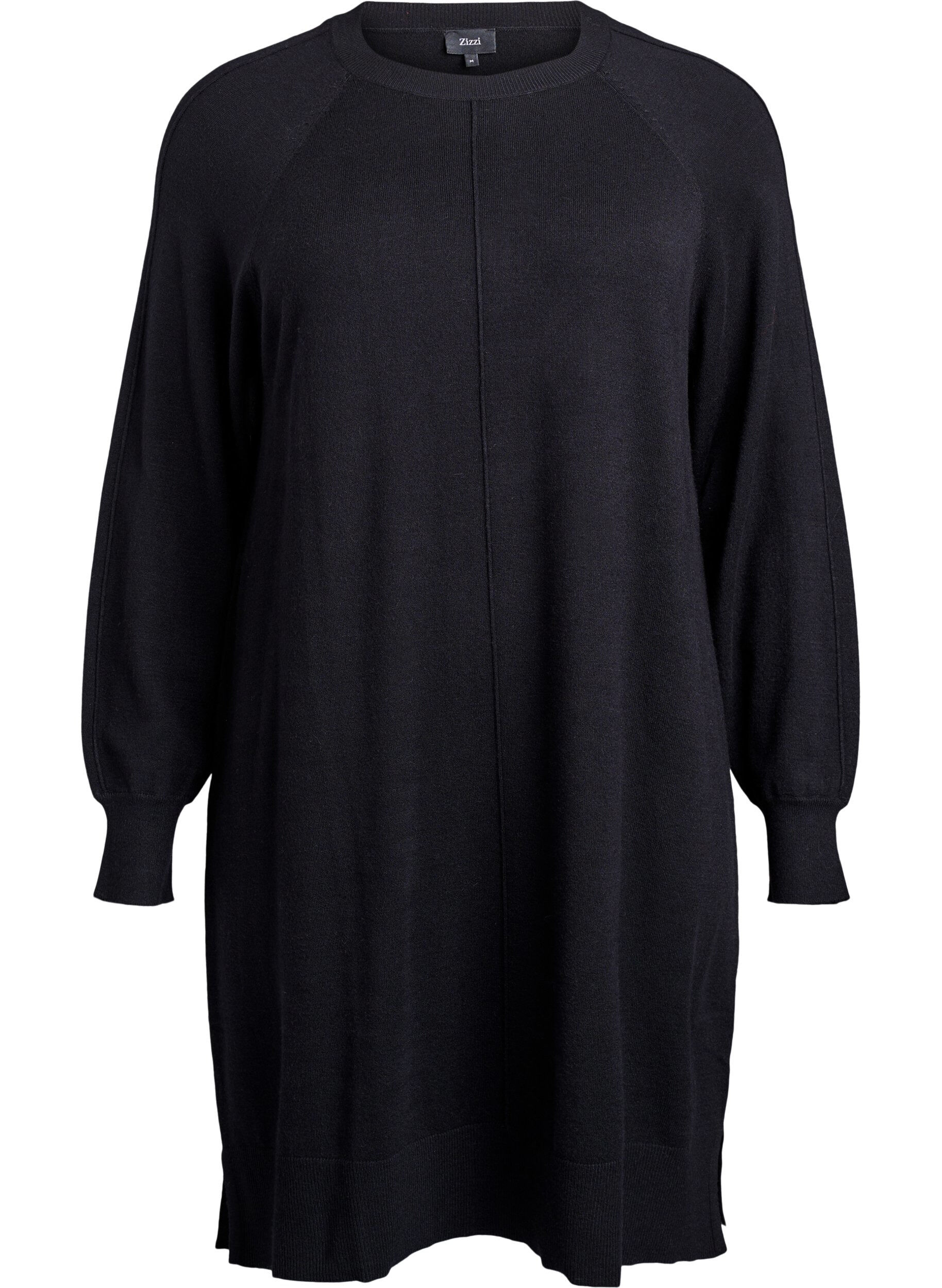 ZizzifashionShort knitted dress with raglan sleeves and a centre seam, Black, Packshot image number 0