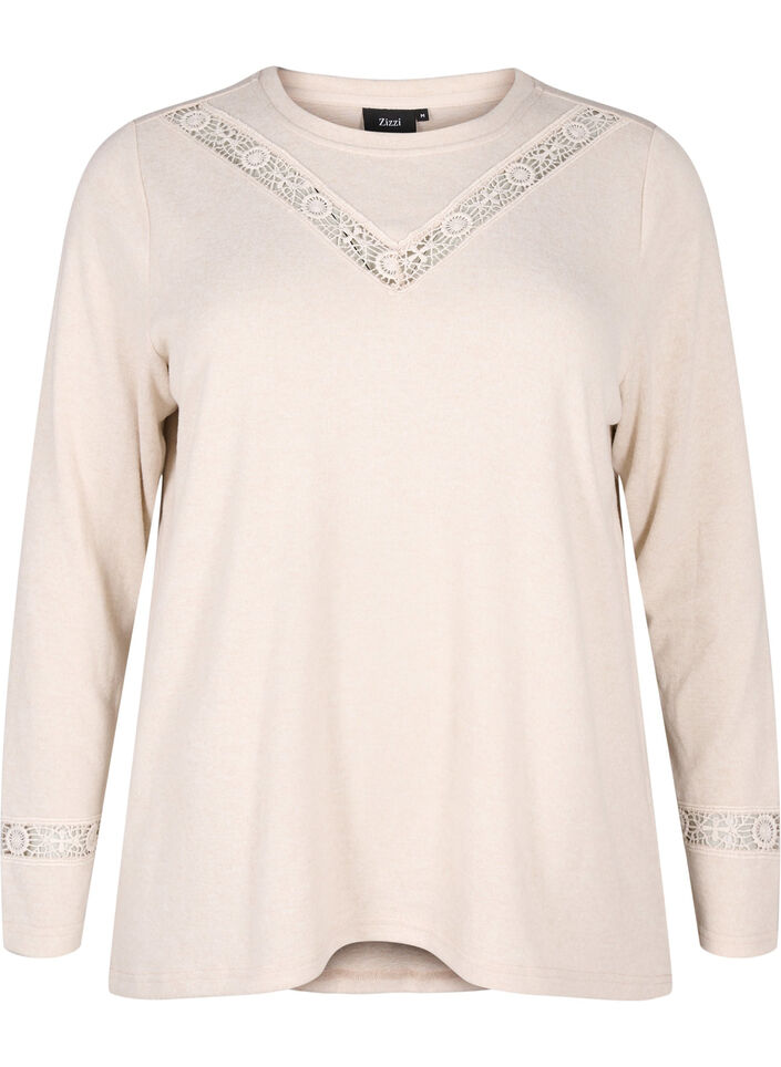 Blouse with embroidery details and long sleeves, Beige, Packshot image number 0