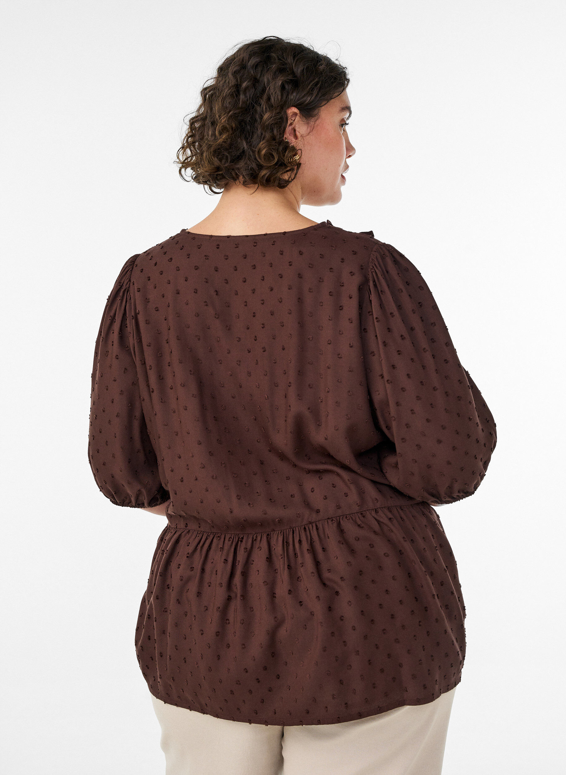 Zizzifashion Viscose blouse with a dotted texture and V-neck, Brown, Model image number 2