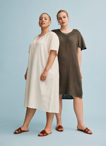 Short-sleeved cotton dress with embroidery, Beige As Sample, Image image number 0