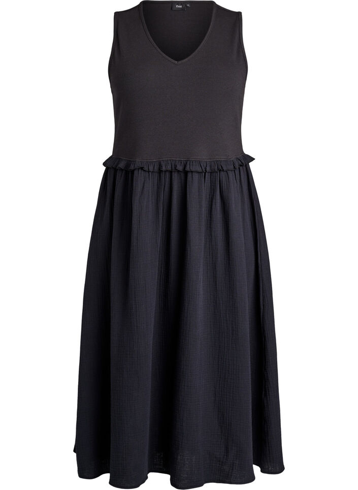 Sleeveless cotton midi dress with rib and muslin, Black, Packshot image number 0