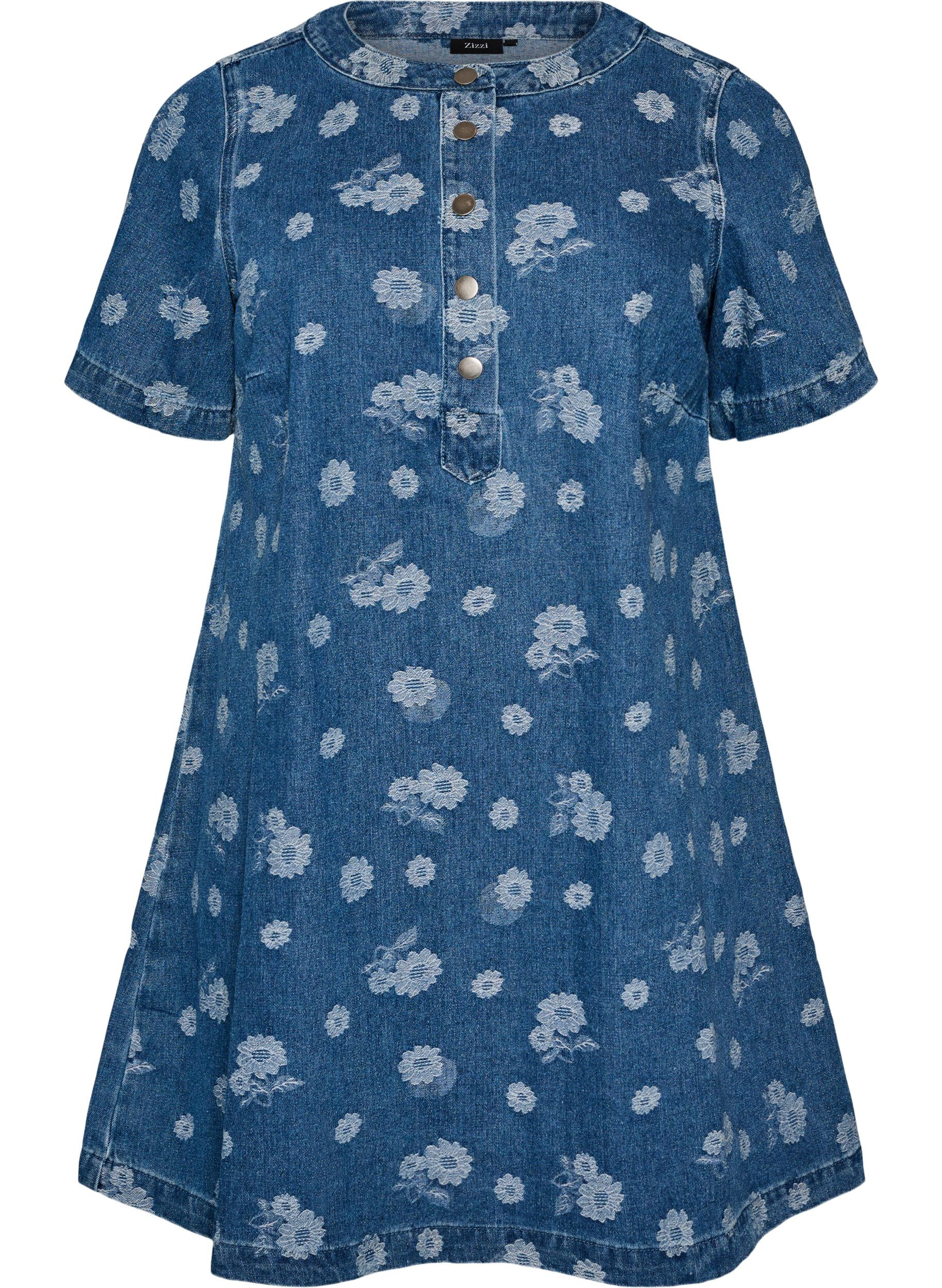 A-line denim dress with floral pattern