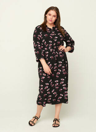 Midi dress with floral print, Black AOP, Model image number 0