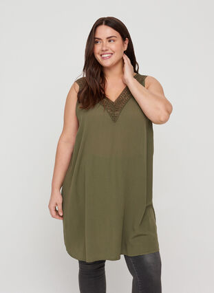 Sleeveless viscose tunic with lace, Ivy Green, Model image number 0