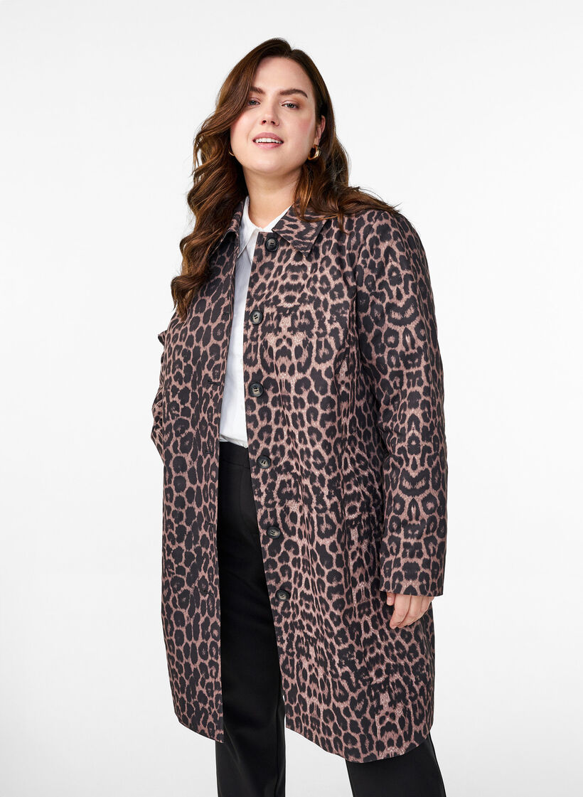 Leopard print coat, Brown, Model image number 0