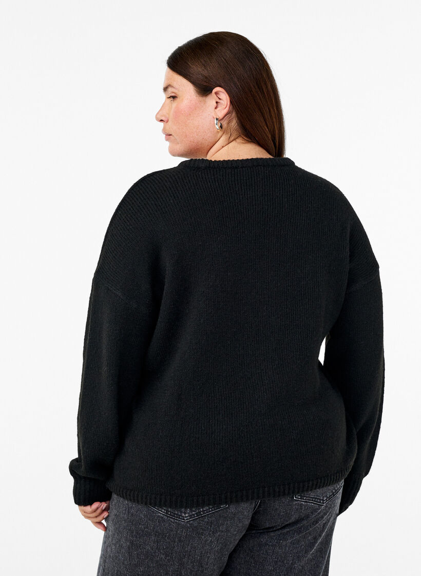 Long-sleeved knitted jumper with wool and a round neck, Black Solid, Model image number 1