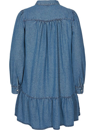 Puff sleeve denim tunic with pearl buttons, Blue denim, Packshot image number 1