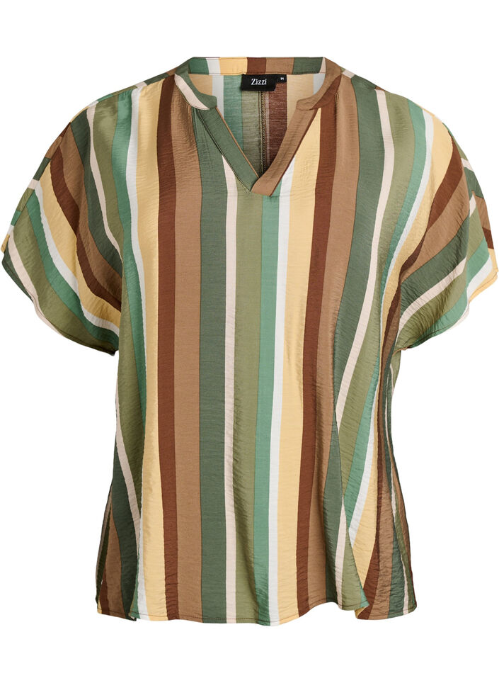 Striped viscose blouse with short sleeves, Brown, Packshot image number 0