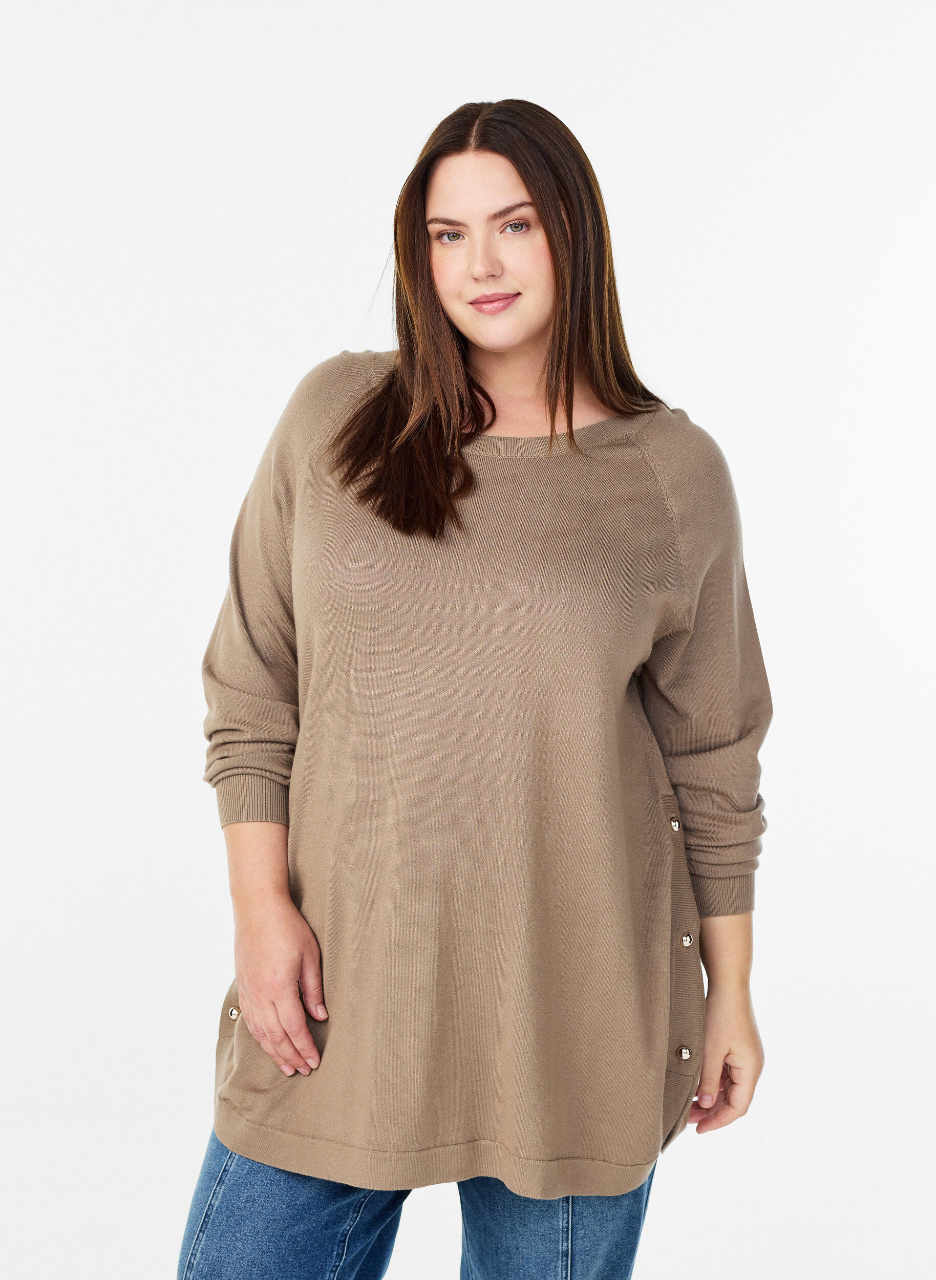 ZizzifashionKnitted blouse with side buttons, Beige, Model image number 0