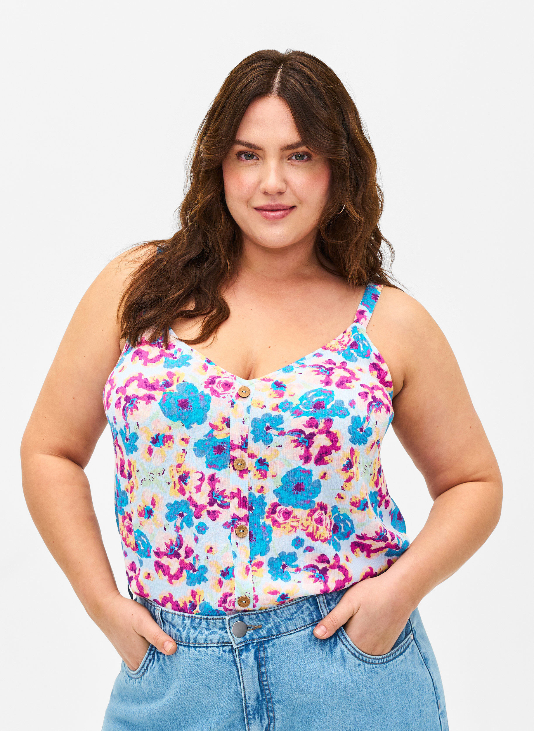 Zizzifashion Floral strap top in viscose, Multi Flower AOP, Model image number 0