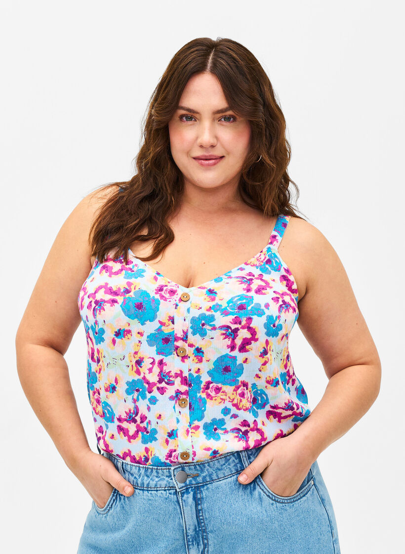 Floral strap top in viscose, Multi Flower AOP, Model image number 0