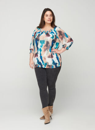 Printed blouse with 3/4 sleeves and smock detail, Reflecting Pond, Model image number 2