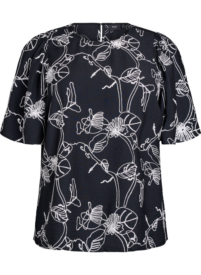 Short-sleeved blouse with embroidered pattern, Black, Packshot image number 0