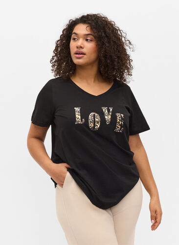Cotton t-shirt with a v-neck, Black Love Leo, Model image number 0