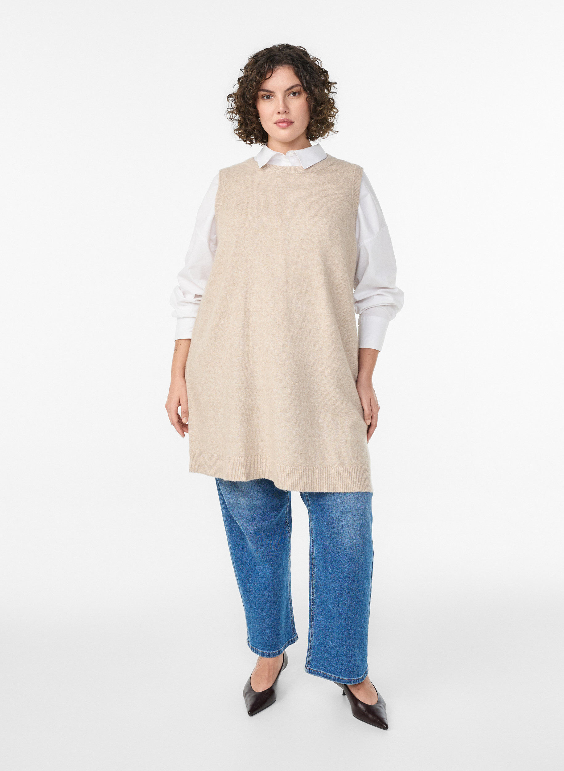 ZizzifashionShort sleeveless knitted dress, Beige, Model image number 1