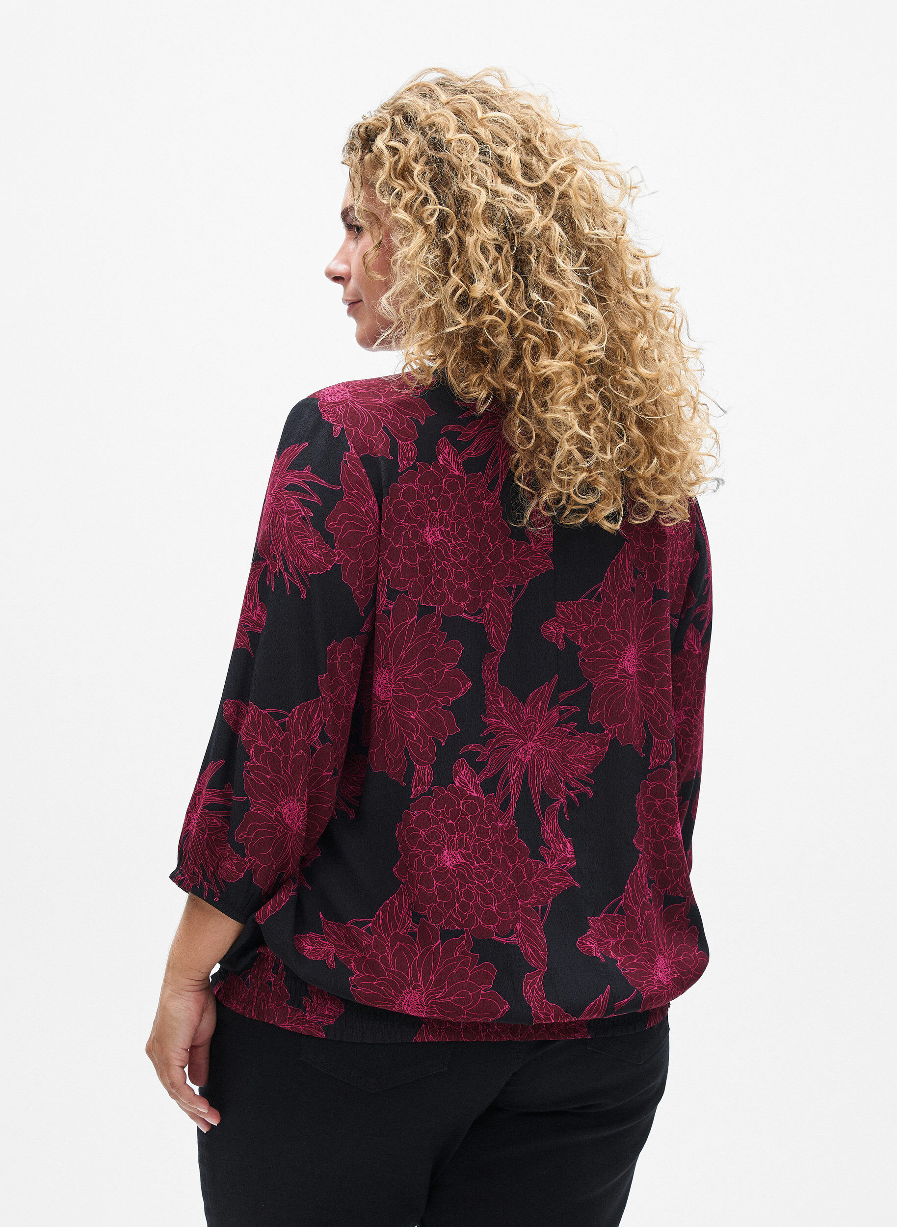 Zizzifashion Viscose blouse with flower print and smocking, Dark Bordeaux, Model image number 2