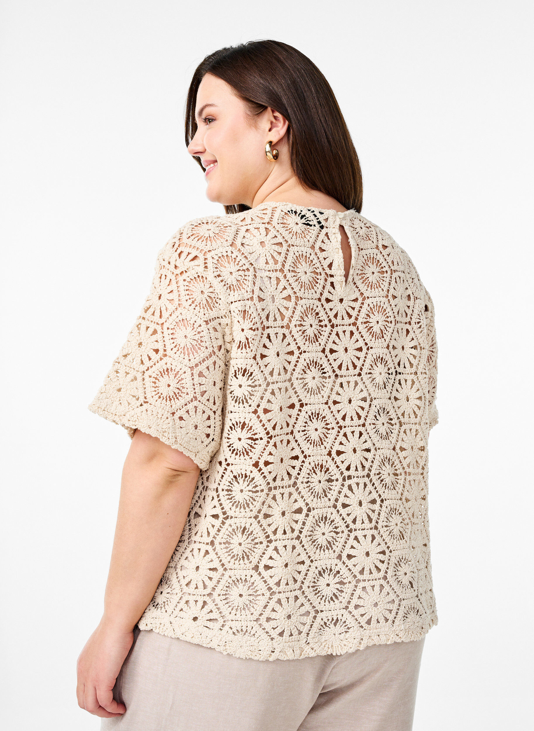Zizzifashion Crochet blouse with short sleeves, Beige, Model image number 2