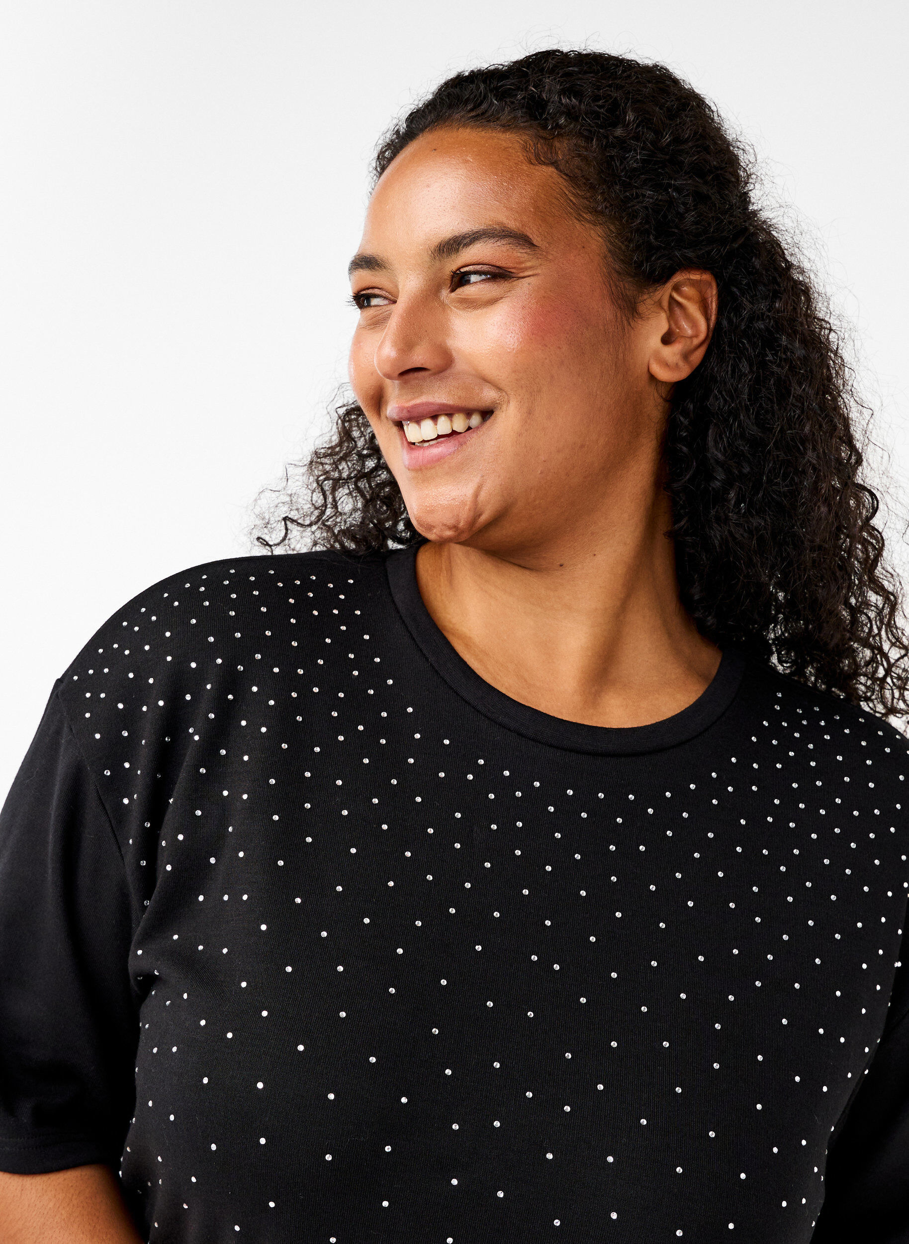 Zizzifashion T-shirt with rhinestones and round neck, Black, Model image number 3