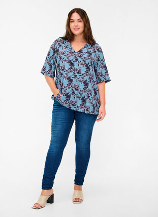 Floral viscose blouse with short sleeves and collar, Blue w. Flower AOP, Model image number 2