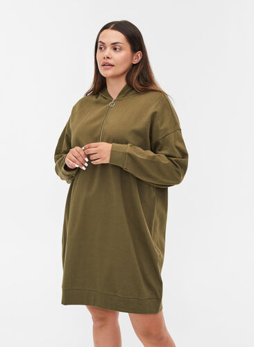 Sweat dress with hood and zipper, Ivy Green, Model image number 0