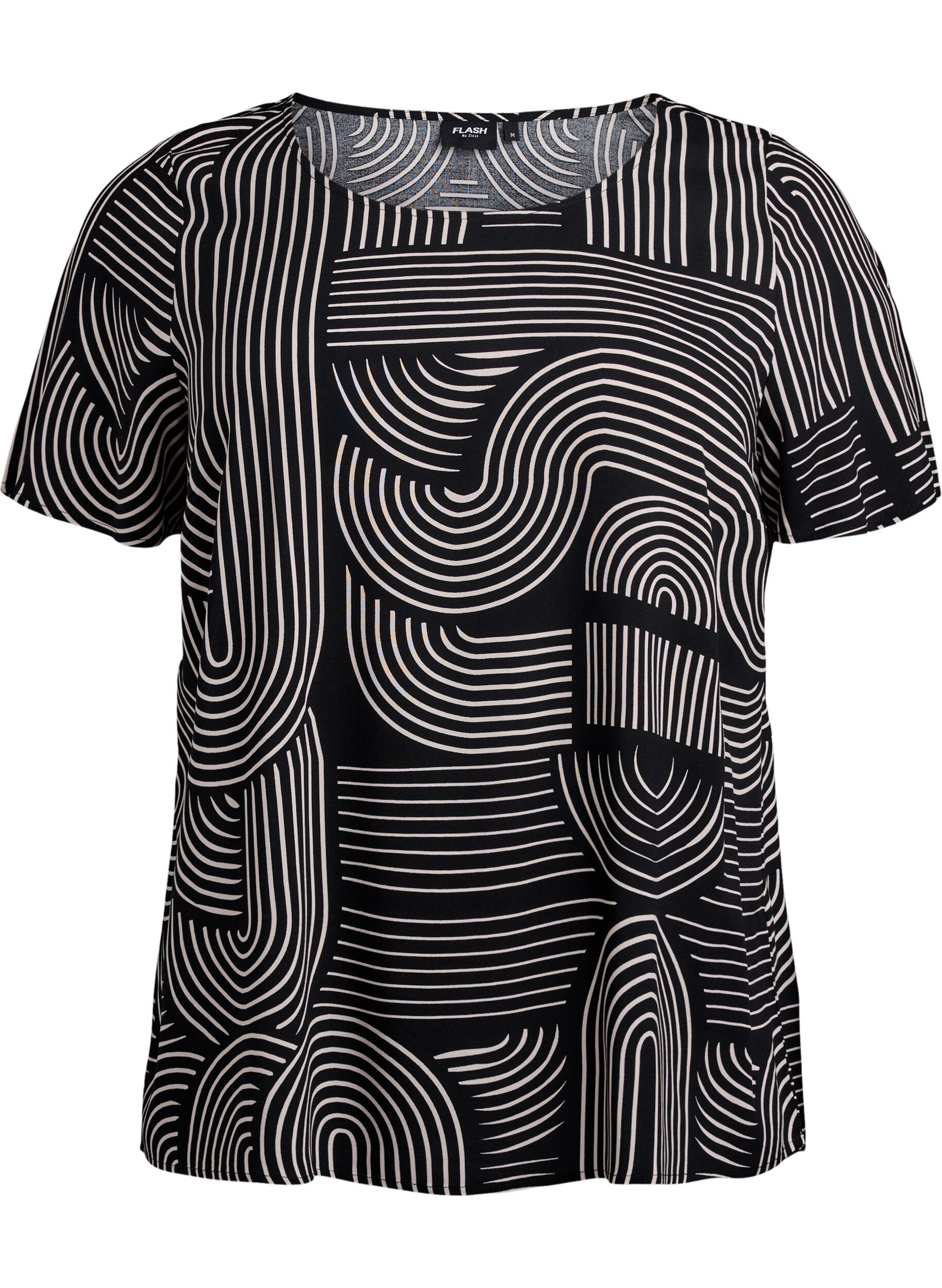 Zizzifashion Short sleeve viscose blouse with print, Black, Packshot image number 0