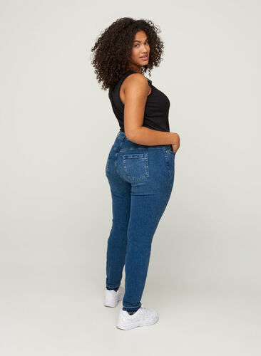 Super slim Amy jeans with frayed edges, Blue denim, Model image number 1