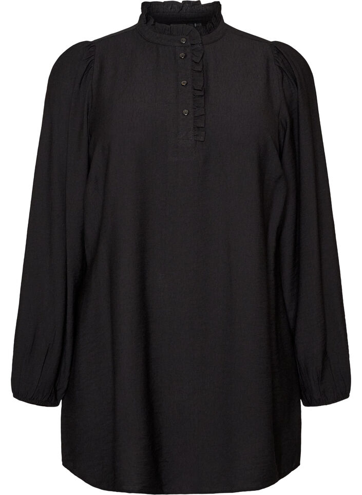 Viscose tunic with ruffles and buttons, Black, Packshot image number 0