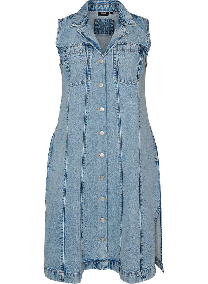 Sleeveless denim dress with button fastening and slits, Light Blue, Packshot