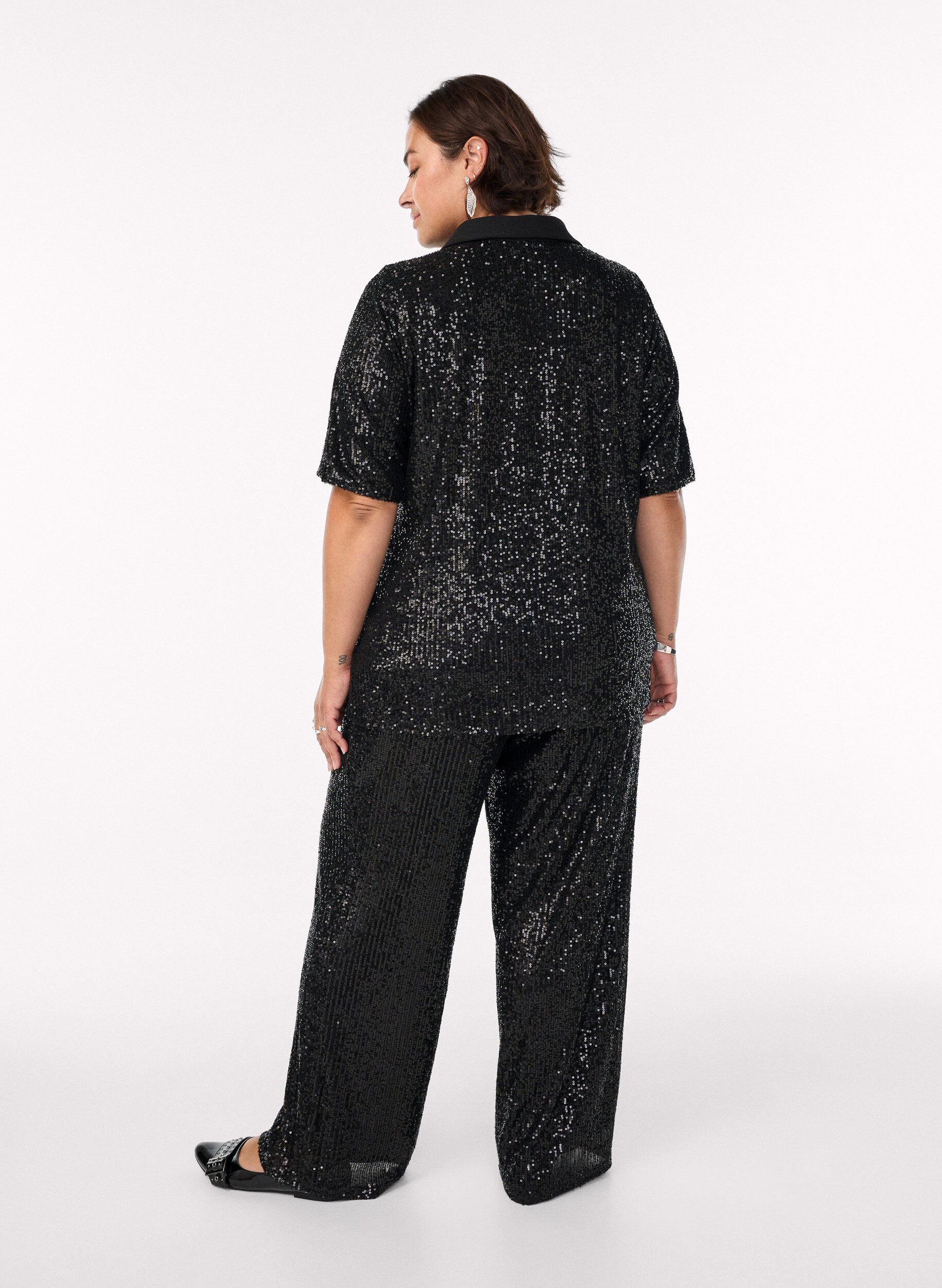 Zizzifashion High-waisted sequin trousers with wide legs, Black, Model image number 1