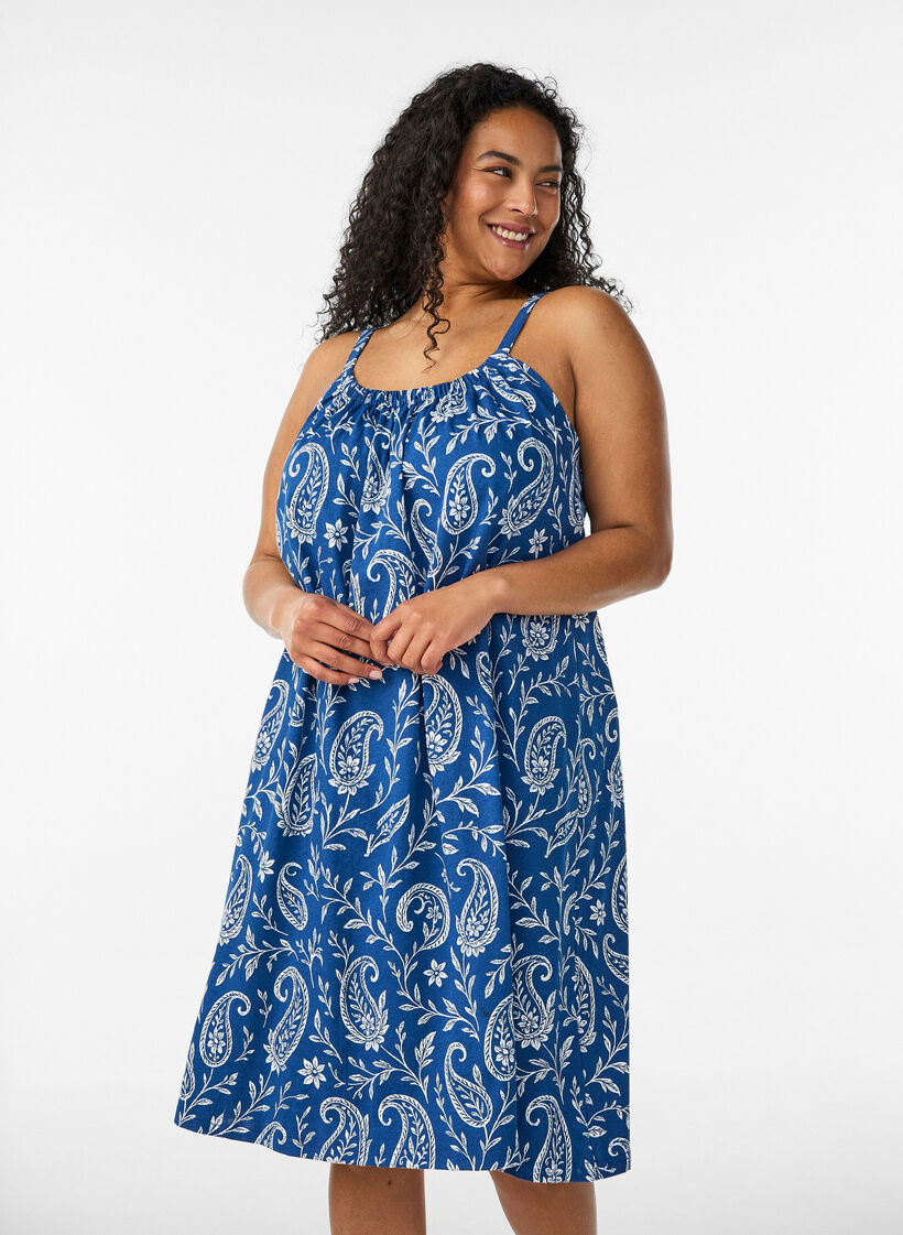 Knee-length strap dress in organic cotton, Blue, Model image number 0