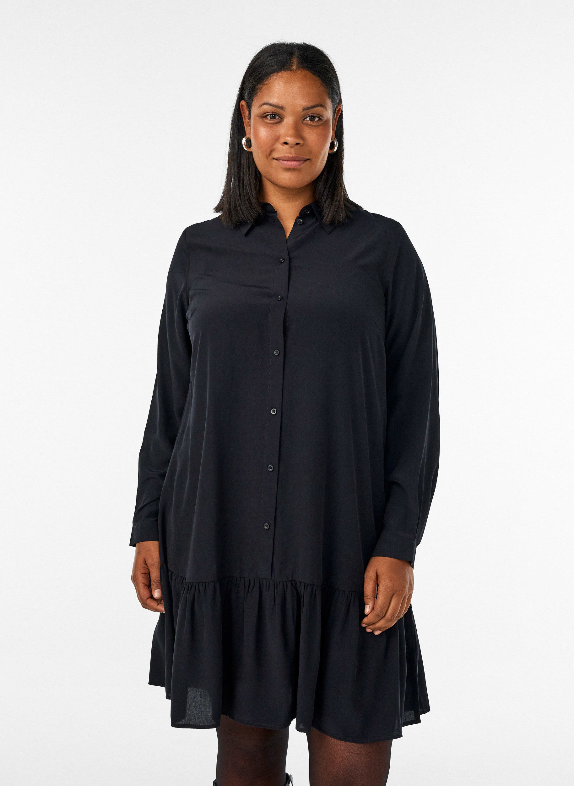 ZizzifashionShort shirt dress with ruffle tier, Black, Model image number 0