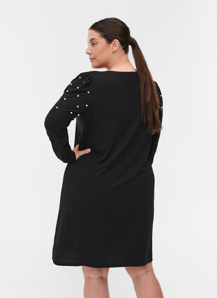 Dress with long puff sleeves and pearls, Black, Model image number 1