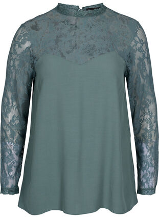 Long-sleeved viscose blouse with lace, Balsam Green, Packshot image number 0