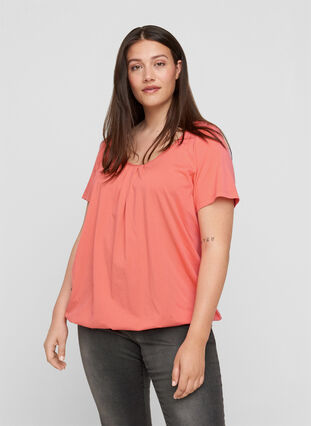 Short-sleeved t-shirt with a round neck and lace trim, Living Coral, Model image number 0