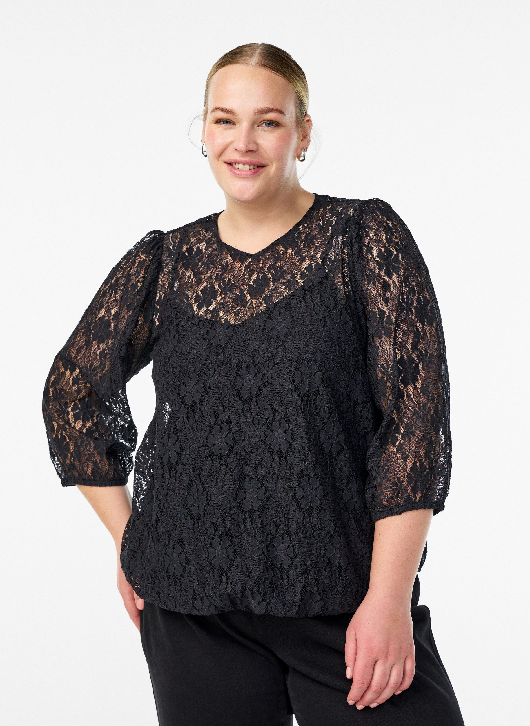 Lace blouse with 3/4 sleeves, Black, Model