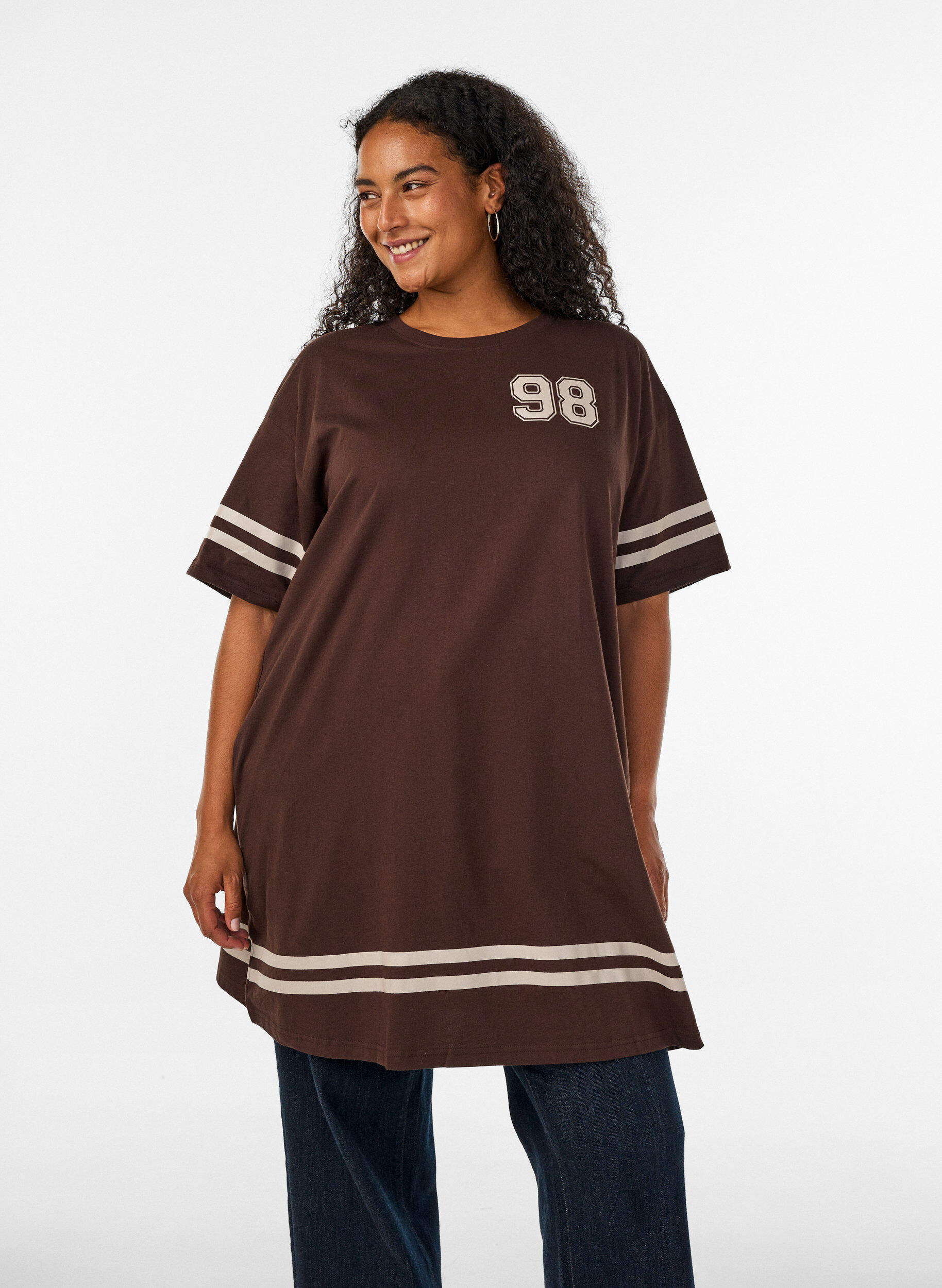 ZizzifashionShort t-shirt dress with sporty details, Brown, Model image number 0