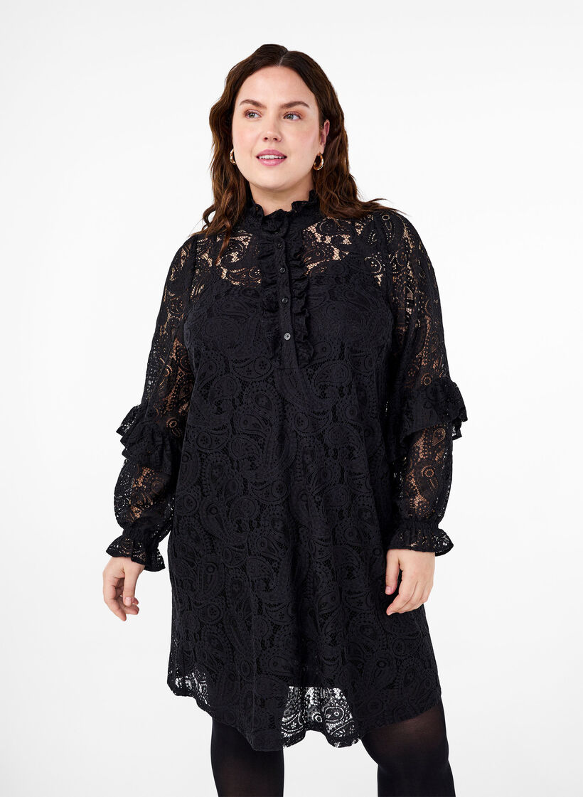 Short lace dress with ruffle detail, Black, Model image number 0