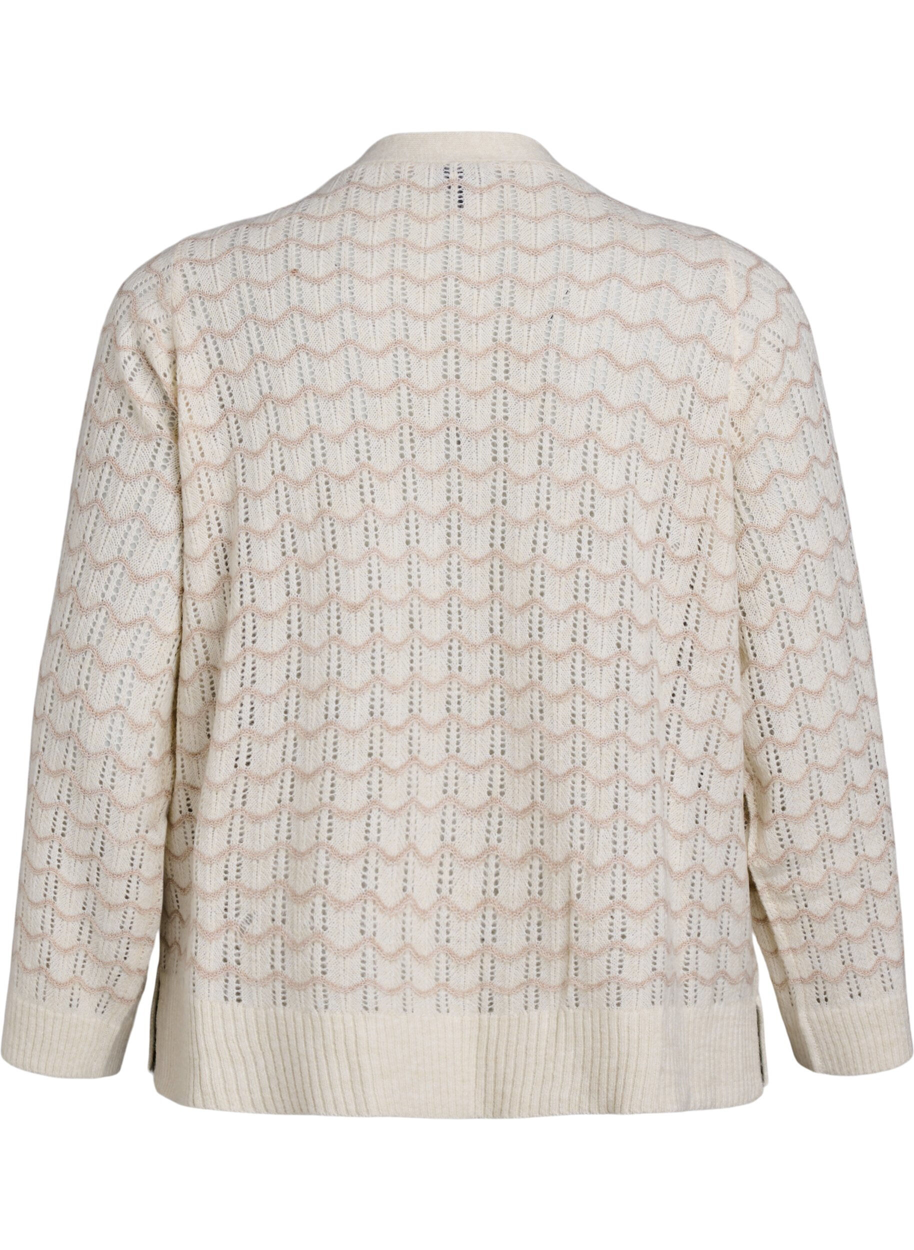 Zizzifashion Knitted cardigan with an openwork pattern and wavy lines, Birch w. Simply T., Packshot image number 1