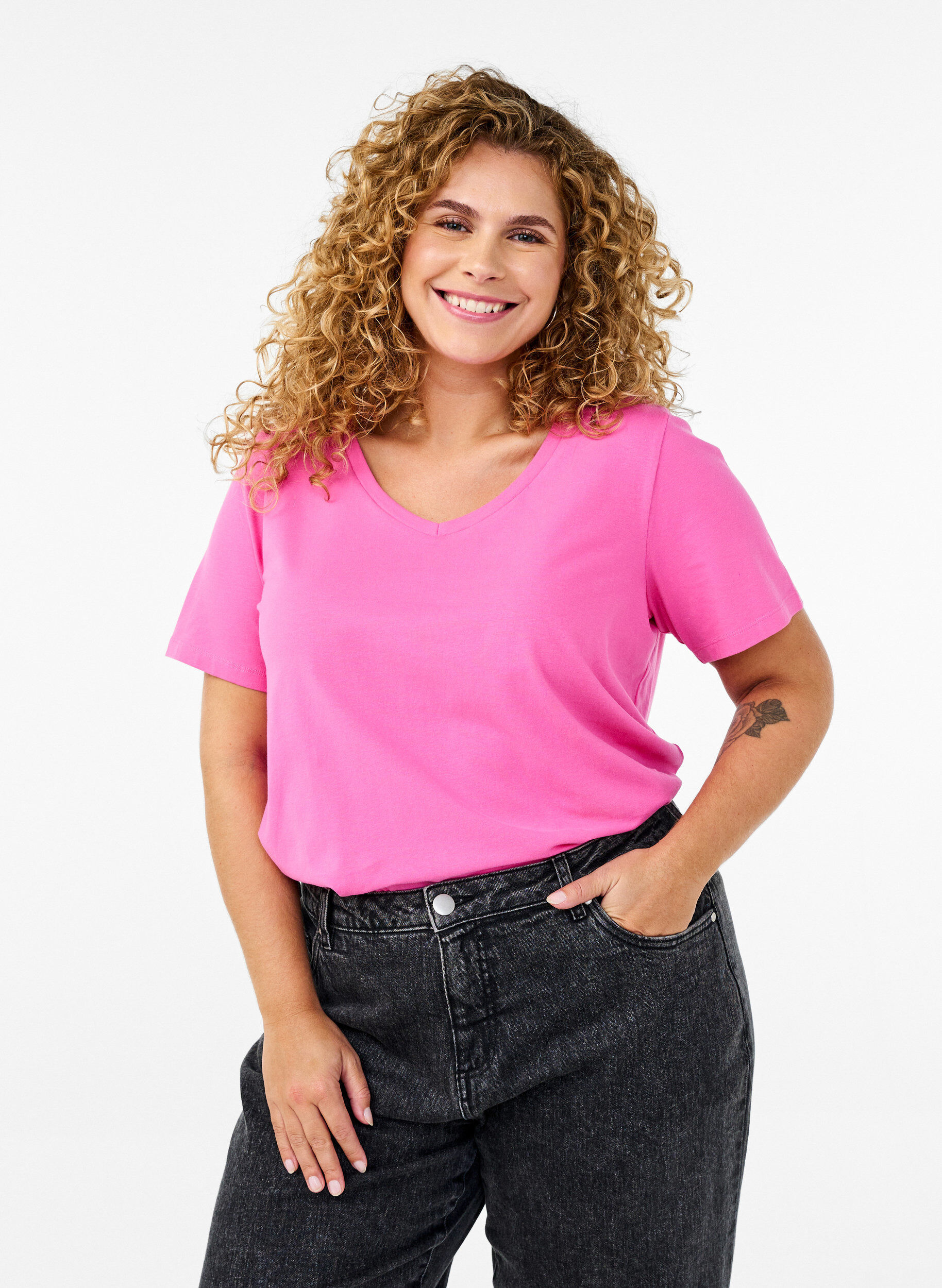Basic plain cotton t-shirt, Pink, Model