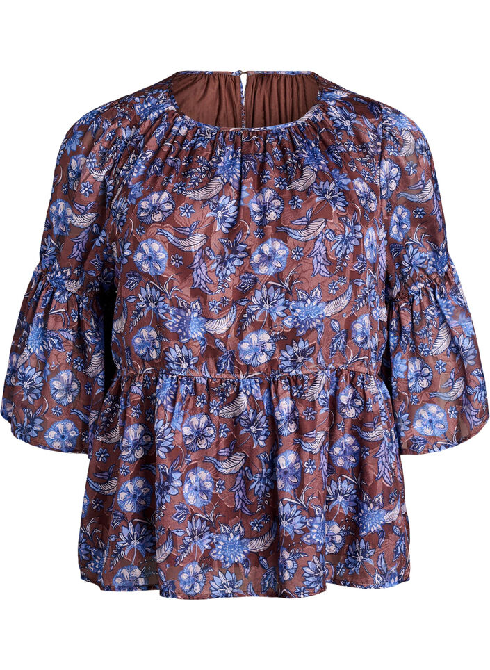 Floral blouse with ruffle sleeves, Brown, Packshot image number 0