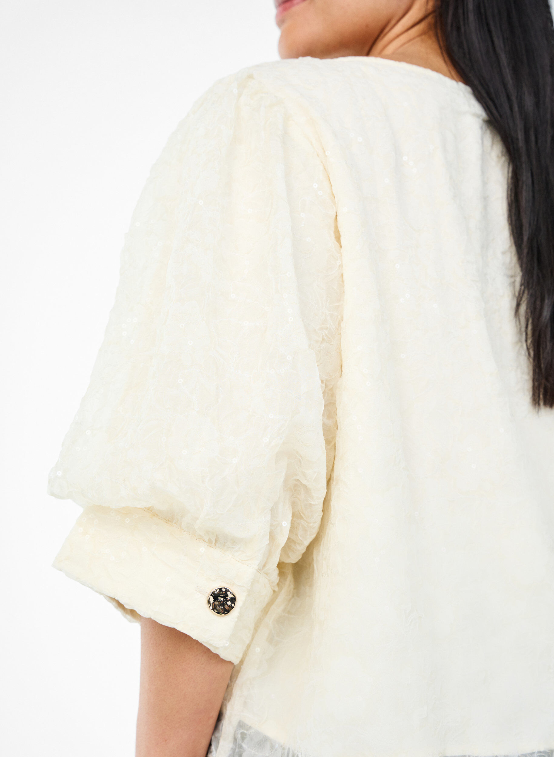 Zizzifashion Party blouse with sequins and 1/2 sleeves, Vanilla, Model image number 3