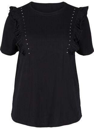 Short-sleeved cotton t-shirt with ruffles, Black, Packshot image number 0