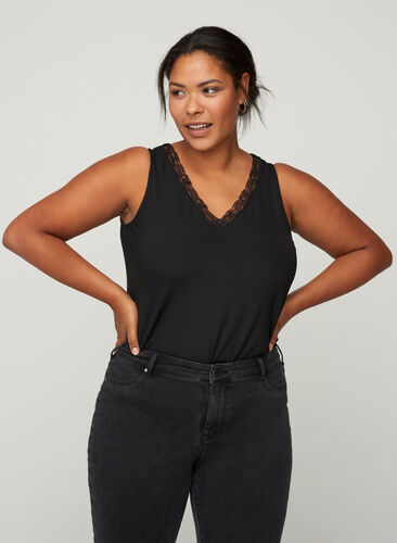 Close-fitting top with a lace trim, Black, Model image number 0