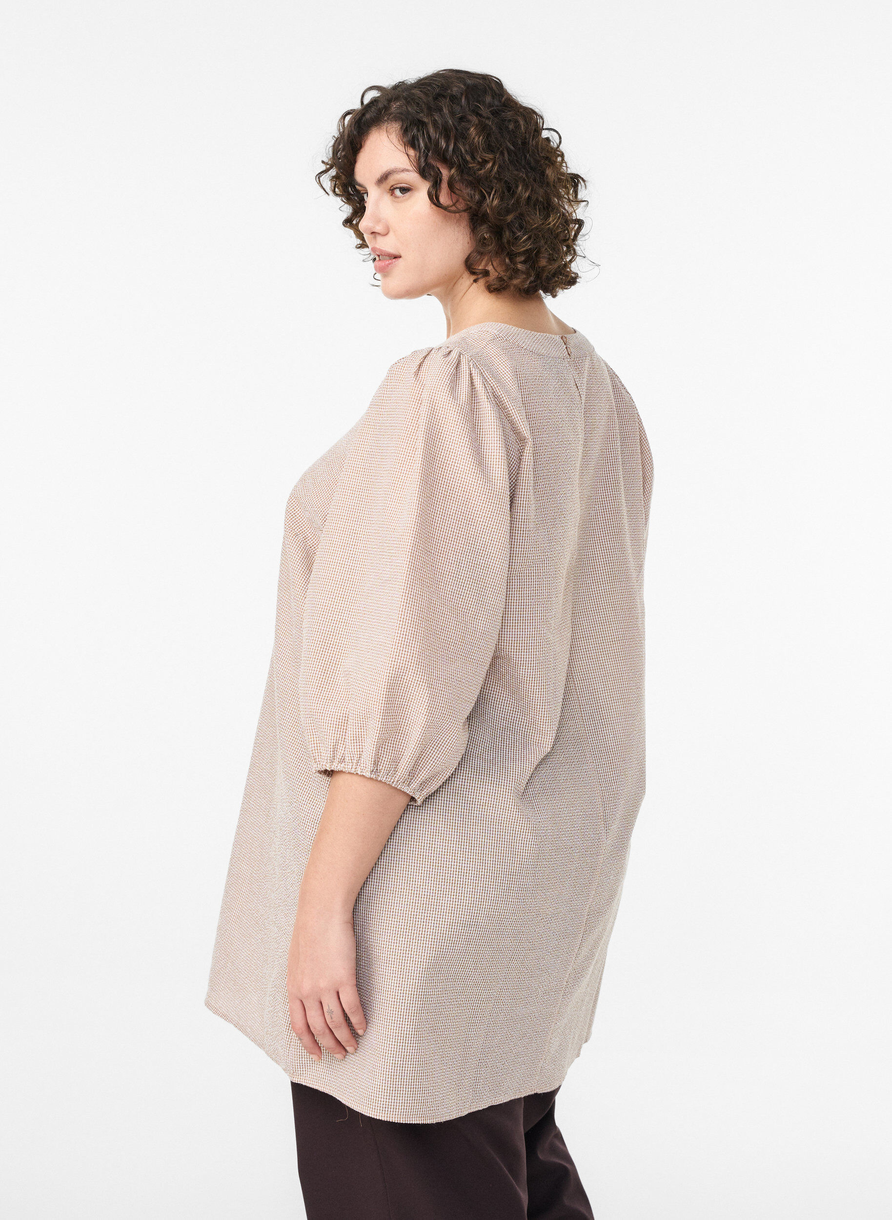 Zizzifashion Tunic with A-line shape and short balloon sleeves, Beige, Model image number 2