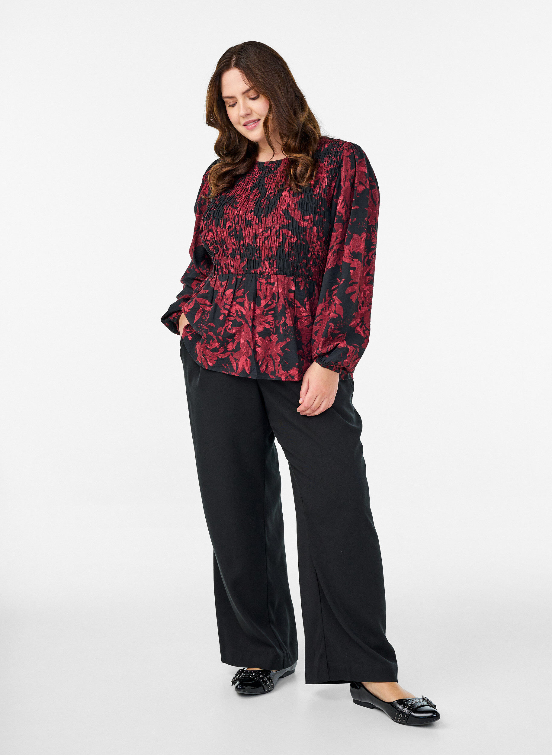 ZizzifashionBlouse with smock and long sleeves, Black, Model image number 1